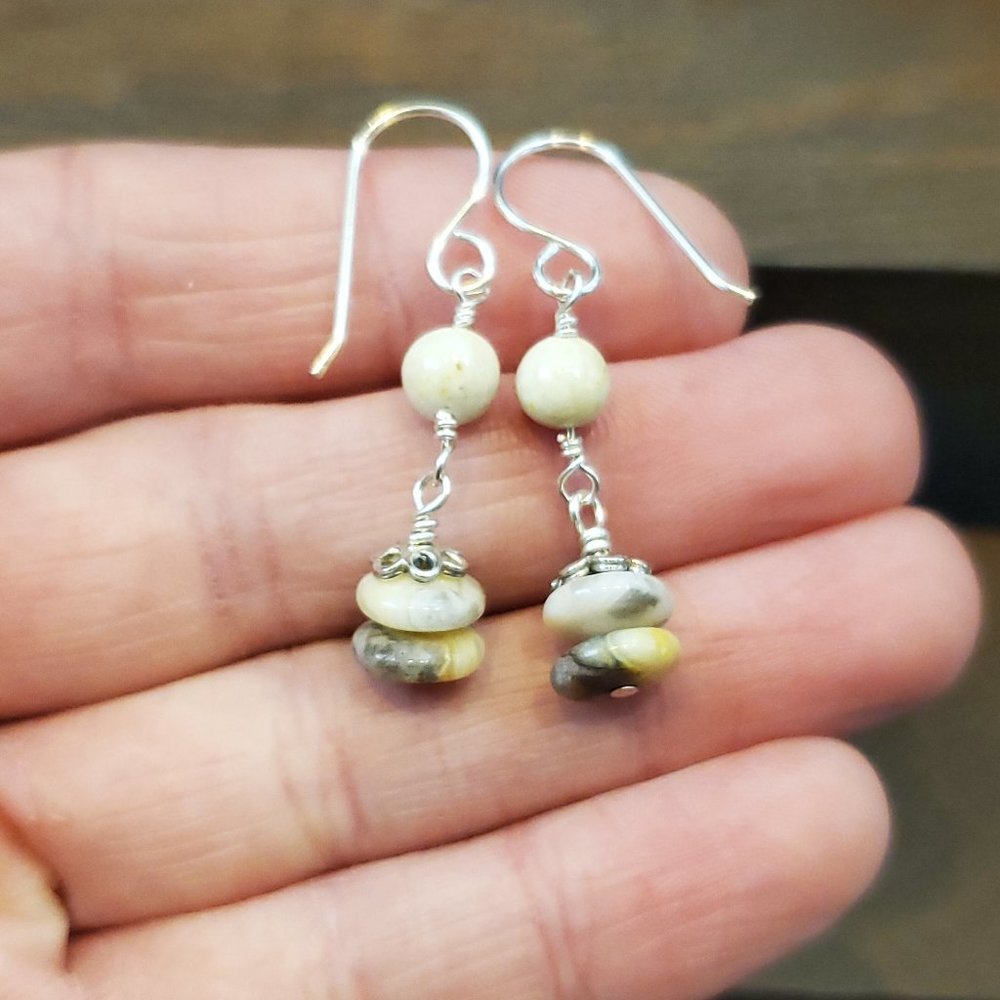 925 Sterling Silver Stacked Cream White Stone Dangle Earrings